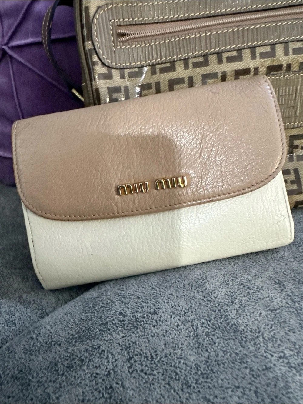 Miu Miu Two-Tone Beige and Cream Leather Flap Wallet